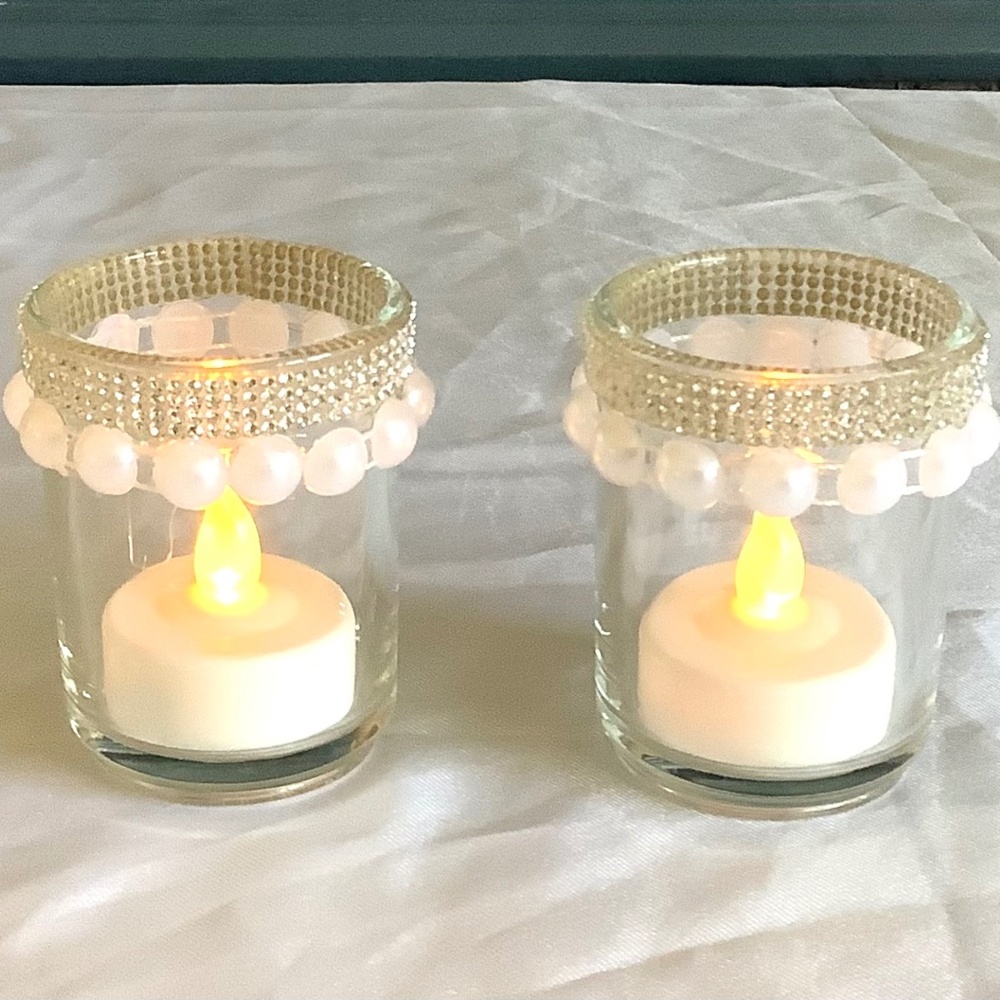 Rhinestone and pearl set of 2 tea light candle holders